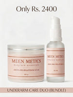 A product bundle containing a jar of MEEN METICS Under Arm Brightening Scrub and a matching spray bottle of Under Arm Odour Serum, shown on a light background with promotional text 'Only Rs. 2400' and 'UNDERARM CARE DUO (BUNDLE)'.
